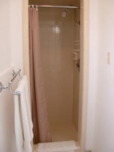 a bathroom with a shower with a shower curtain at Economy Inn in Willows