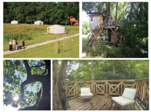 un collage de fotos con una casa y un árbol en Cabane Escargot du centre UnisVers en Peyrat-le-Château