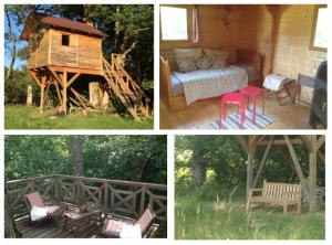 un collage de fotos de una cabaña con cama y casa de pájaros en Cabane Escargot du centre UnisVers en Peyrat-le-Château
