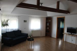 a living room with a couch and a tv at News Apartment in Bucharest