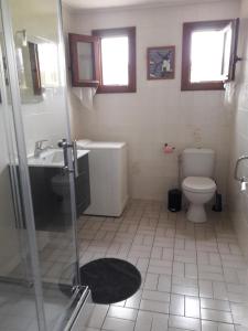 uma casa de banho com um WC, um lavatório e um chuveiro em Gite Le Savart em Chartèves