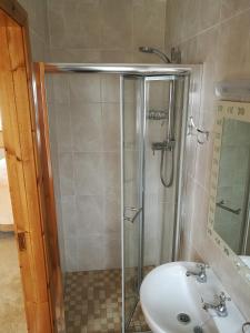 un bagno con doccia e lavandino di Danubio Guest Accommodation a Doonbeg