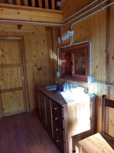 cocina con fregadero y pared de madera en Los Teros en Goya