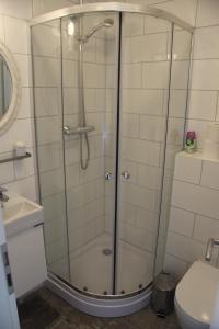 a bathroom with a shower with a sink and a toilet at Private and peaceful one bedroom apartments in Borgarnes