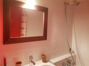 een badkamer met een wastafel, een spiegel en een douche bij Mini Loft in Cassis