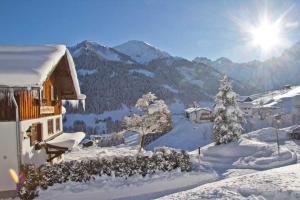 a house covered in snow with mountains in the background at Haus Bergfelder in Hirschegg