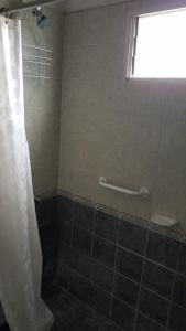 a bathroom with a shower with a shower curtain at Cabaña del Alto Tupungato in Tupungato