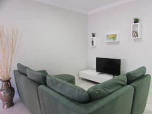 ein Wohnzimmer mit einem grünen Sofa und einem TV in der Unterkunft Ar Puro III in Viana do Castelo