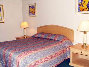 ein Hotelzimmer mit einem Bett und zwei Lampen in der Unterkunft El Rancho Motel Lodi in Lodi