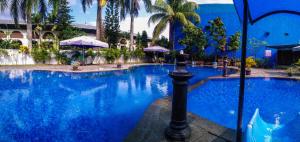 a large swimming pool with blue water and palm trees at Mahkota Hotel in Genteng-kulon