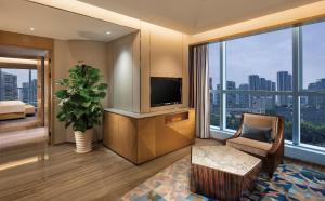 ein Wohnzimmer mit einem TV, einem Stuhl und einer Pflanze in der Unterkunft Seaton International Hotel Chengdu in Chengdu