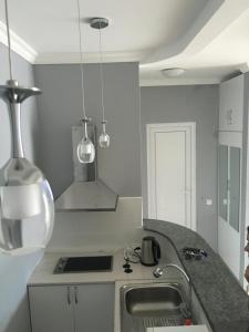 uma cozinha com um lavatório e uma bancada em Apartment White Magnolia em Batumi