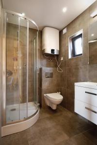 een badkamer met een douche, een toilet en een wastafel bij Sarbinowo Prestige - Ekskluzywne domki nad morzem in Sarbinowo