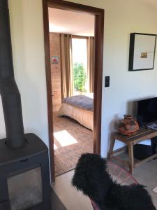 a dog sitting in a living room with a fireplace at Ker Hazhou in Hédé