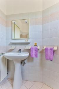 y baño con lavabo, espejo y toallas púrpuras. en Apartments Redenta, en Vabriga