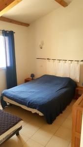 een slaapkamer met een bed met een blauw dekbed bij Mini Villa à 100m de la mer avec prise de recharge élec privative in Sari Solenzara