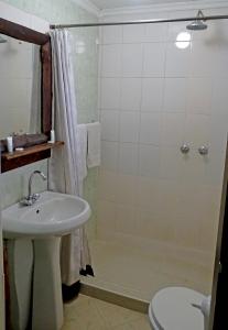 uma casa de banho com um chuveiro, um lavatório e um WC. em Osoita Lodge em Nairobi