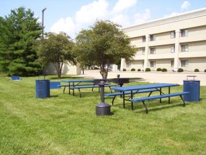 a group of picnic tables in the grass in front of a building at Express Inn in Champaign
