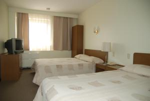 a hotel room with two beds and a television at Sakhalin Sapporo Hotel in Yuzhno-Sakhalinsk