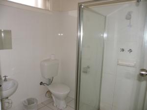 a bathroom with a shower and a toilet and a sink at Palms Motel Footscray in Melbourne