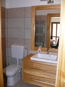 a bathroom with a toilet and a sink and a mirror at Sára Apartman in Hévíz