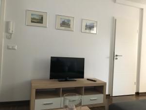 a living room with a television on a wooden table at F & W Apartment in Erfurt