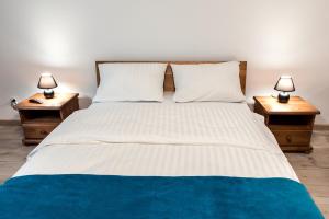a bedroom with a bed with two lamps on tables at Apartament w Bizancjum 9 PARKING FREE 24H in Kłodzko