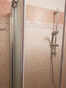 y baño con ducha con cabezal de ducha. en La casa di Francesca, en Castelnuovo Berardenga