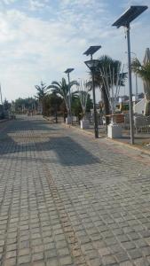 uma rua de calçada com guarda-sóis e palmeiras em Къща за гости Пеневи em Ofrínion