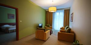 pokój hotelowy z 2 krzesłami i łóżkiem w obiekcie Hotel Vis a Vis Łańcut w Łańcucie