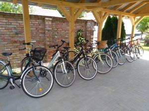 una fila de bicicletas estacionadas junto a una pared de ladrillo en Füzesi Papa Vendégháza en Harta