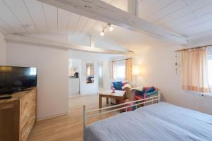 ノルダーナイにあるHaus Albatros App. Storchennestのベッドルーム(ベッド1台、テレビ、ソファ付)