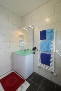 y baño con lavabo y ducha con toallas azules. en Gîte des Mesanges, en Haybes