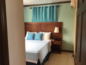 1 dormitorio con 1 cama con cortina azul en Believe Caribbean Apartment, en Bridgetown