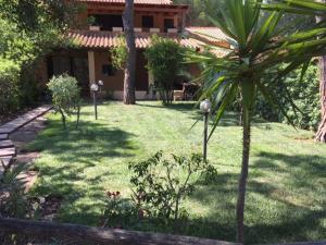 een tuin met een palmboom en een huis bij Villa Calaverde Santa Margherita di Pula in Fort Village
