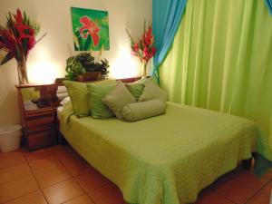 a bedroom with a bed with green drapes at Casa Lima B&B in San José