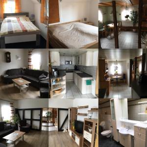 un collage de fotos de una sala de estar y un dormitorio en Ferienhaus Pacco en Wermelskirchen