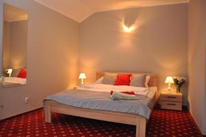 a bedroom with a large bed with red pillows at Agroturystyka "U Sochy" in Ramleje