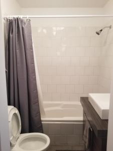 a bathroom with a toilet and a bath tub at Hébergement L'Unik in Saint-Gédéon