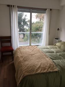 um quarto com uma cama e uma grande janela em Palm Beach em Montevidéu