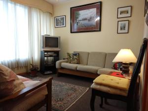 a living room with a couch and a tv at Apart Hotel Aleman in Puerto Montt