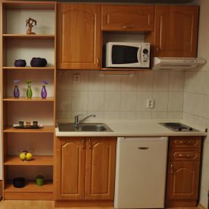 a kitchen with a sink and a microwave at Penzion Real in Žiar