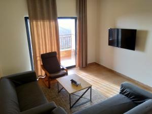 a living room with a couch and a chair and a television at Beit Al Ward in Ash Shafa