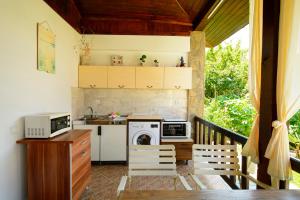 a kitchen with white appliances and a balcony at Villa Yanevi in Lozenets