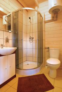 a bathroom with a shower and a toilet and a sink at Domki letniskowe Słoneczna Zatoka in Sarbinowo