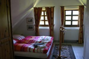 a bedroom with a bed and two windows at Ferienwohnung Erzgebirge in Pockau