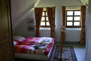 PockauにあるFerienwohnung Erzgebirgeのベッドルーム1室(ベッド1台、窓2つ付)