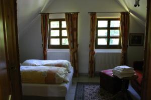 PockauにあるFerienwohnung Erzgebirgeのベッドルーム1室(ベッド2台、窓2つ付)