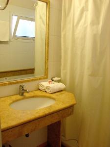 a bathroom with a sink and a mirror and a shower at Artemis in Tolo