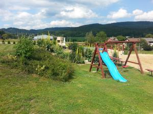 um parque infantil com um escorrega azul na relva em Guest House Starý Sedloňov em Trutnov